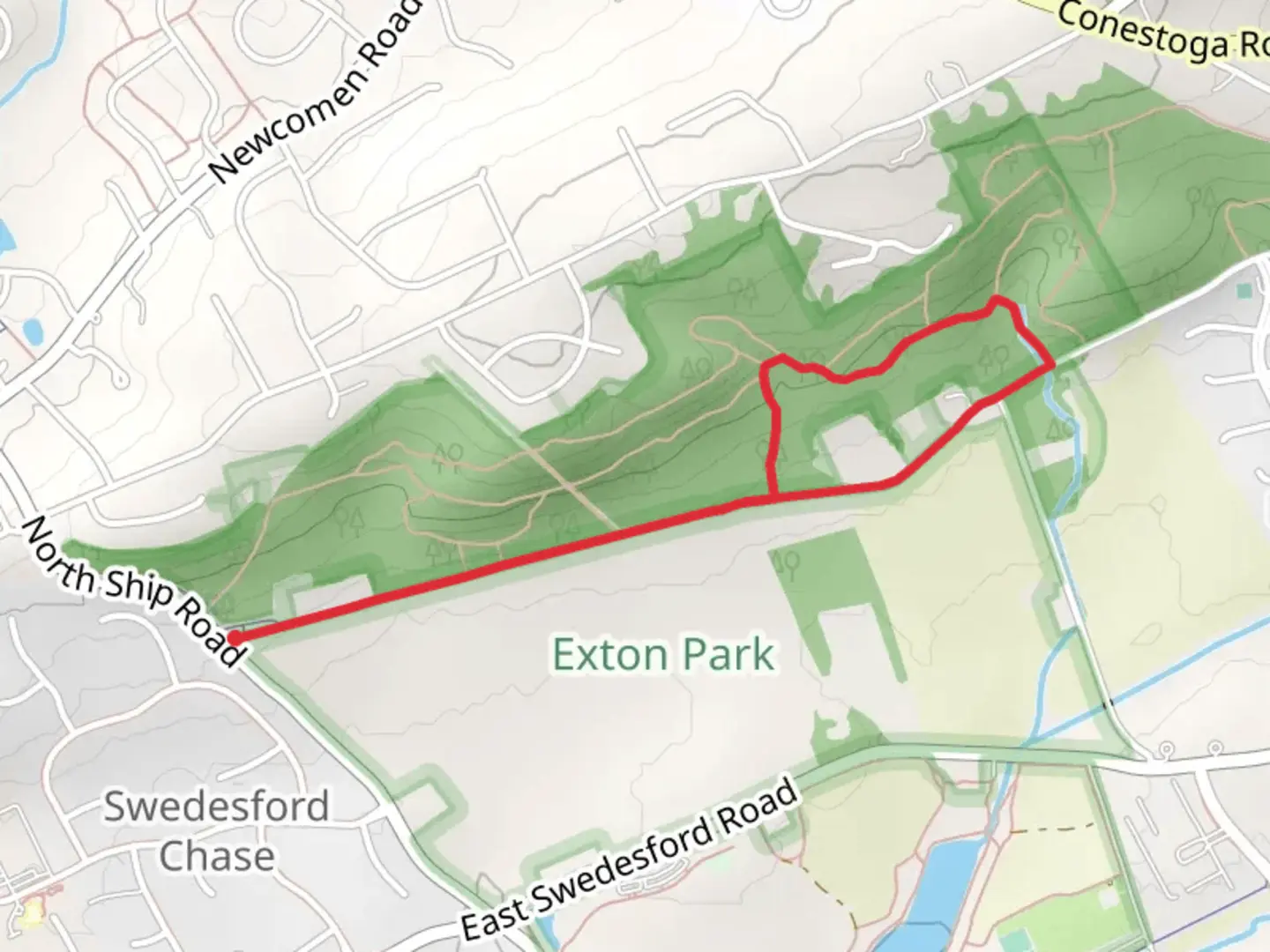 An image depicting the trail Exton Park North Loop and its surrounding area.