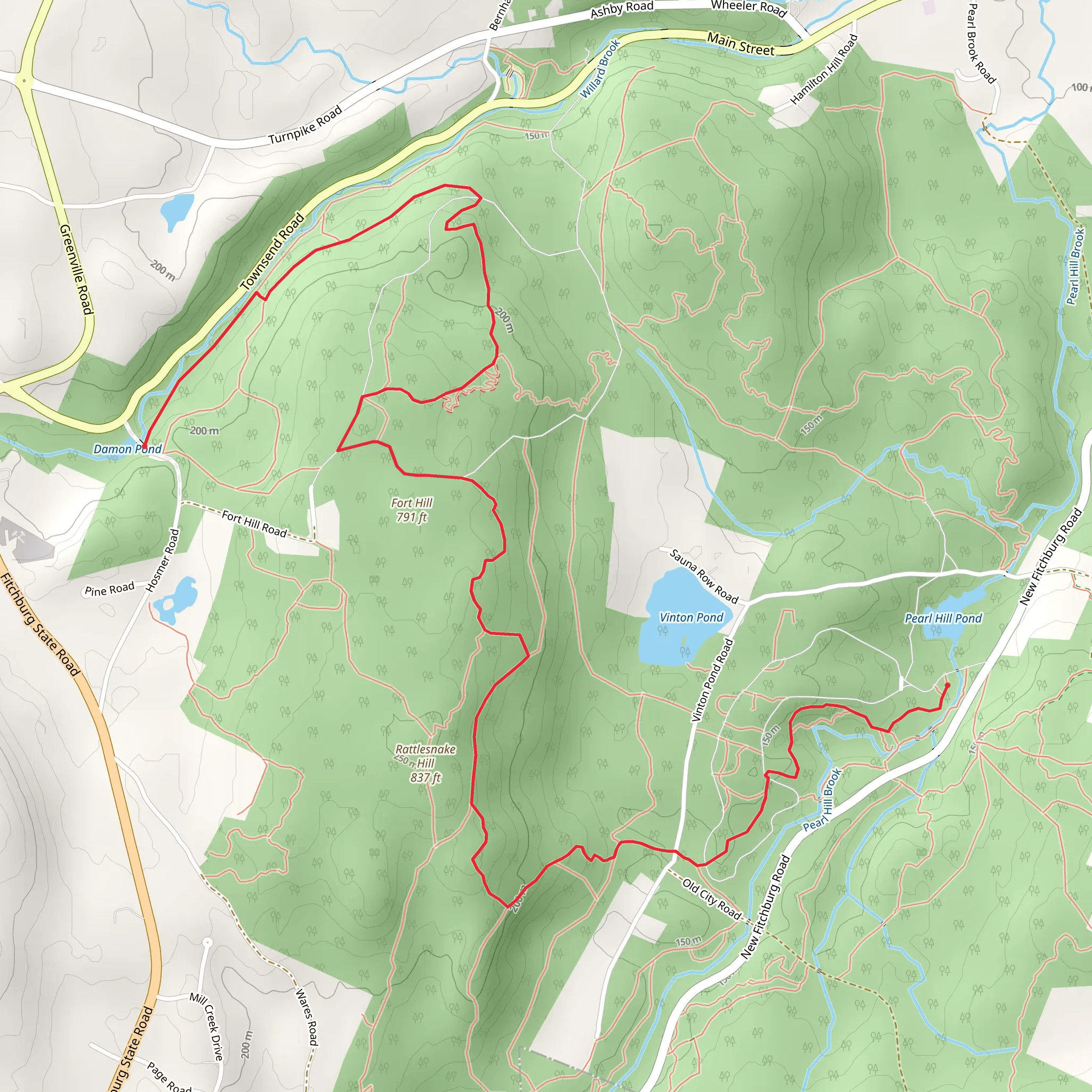 Damon Pond to Pearl Hill Brook Trail mobile static map