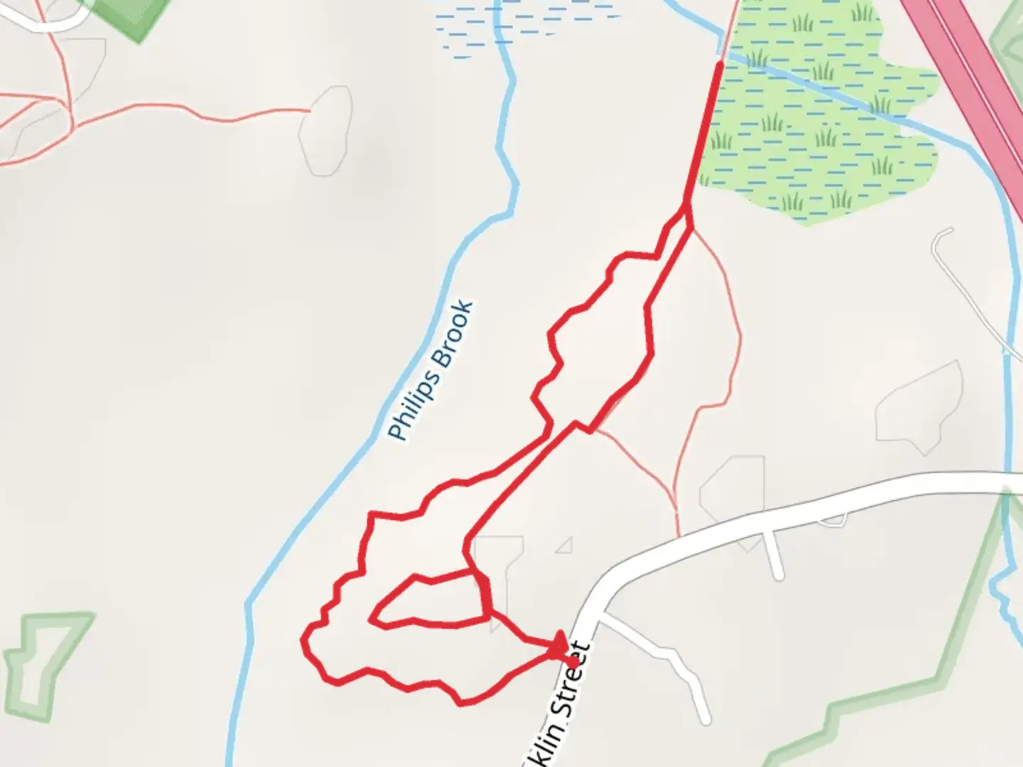 An image depicting the trail South River Loop from Franklin Street and its surrounding area.