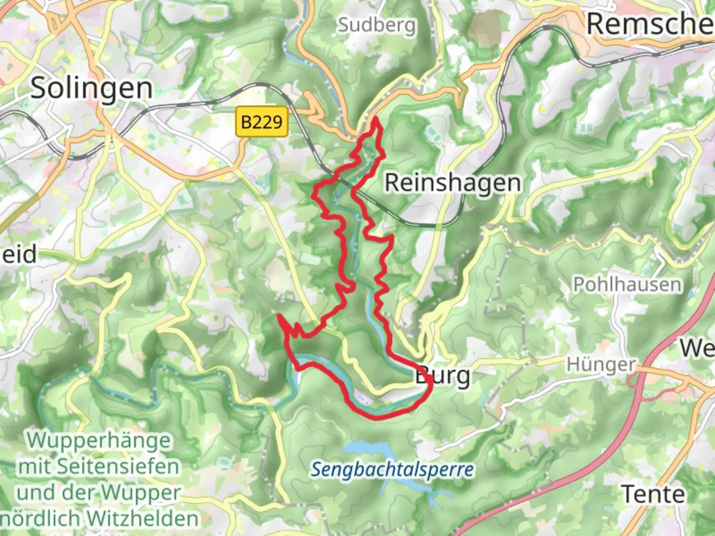 An image depicting the trail Tal und Hangbereiche der Wupper mit Seitenbachen and Wupper Loop - Unterburg and its surrounding area.