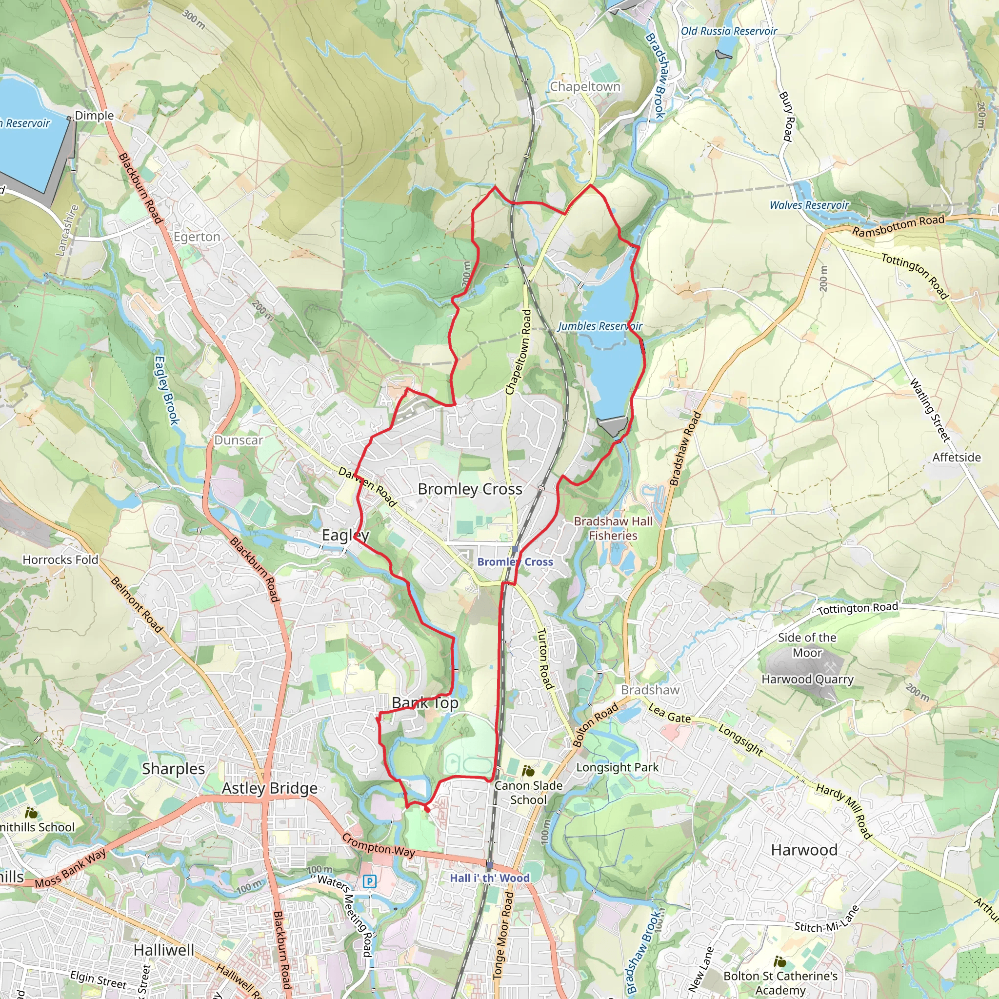 Hall i th Wood and Bromley Cross Loop via Jumbles Reservoir mobile static map