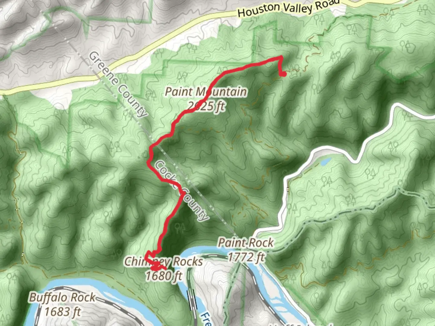 An image depicting the trail Chimney Rocks via Paint Mountain Trail and Lone Pine Gap and its surrounding area.
