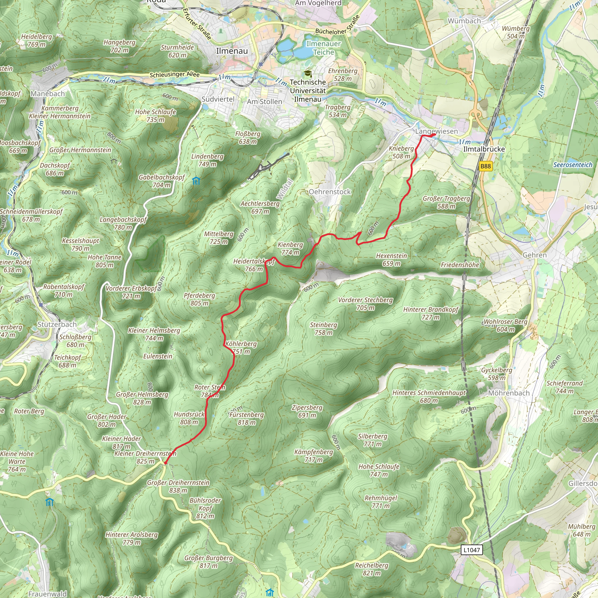 Langewiesen to Grosser Dreiherrenstein via Rennsteig-Leiter Oehrenstock mobile static map