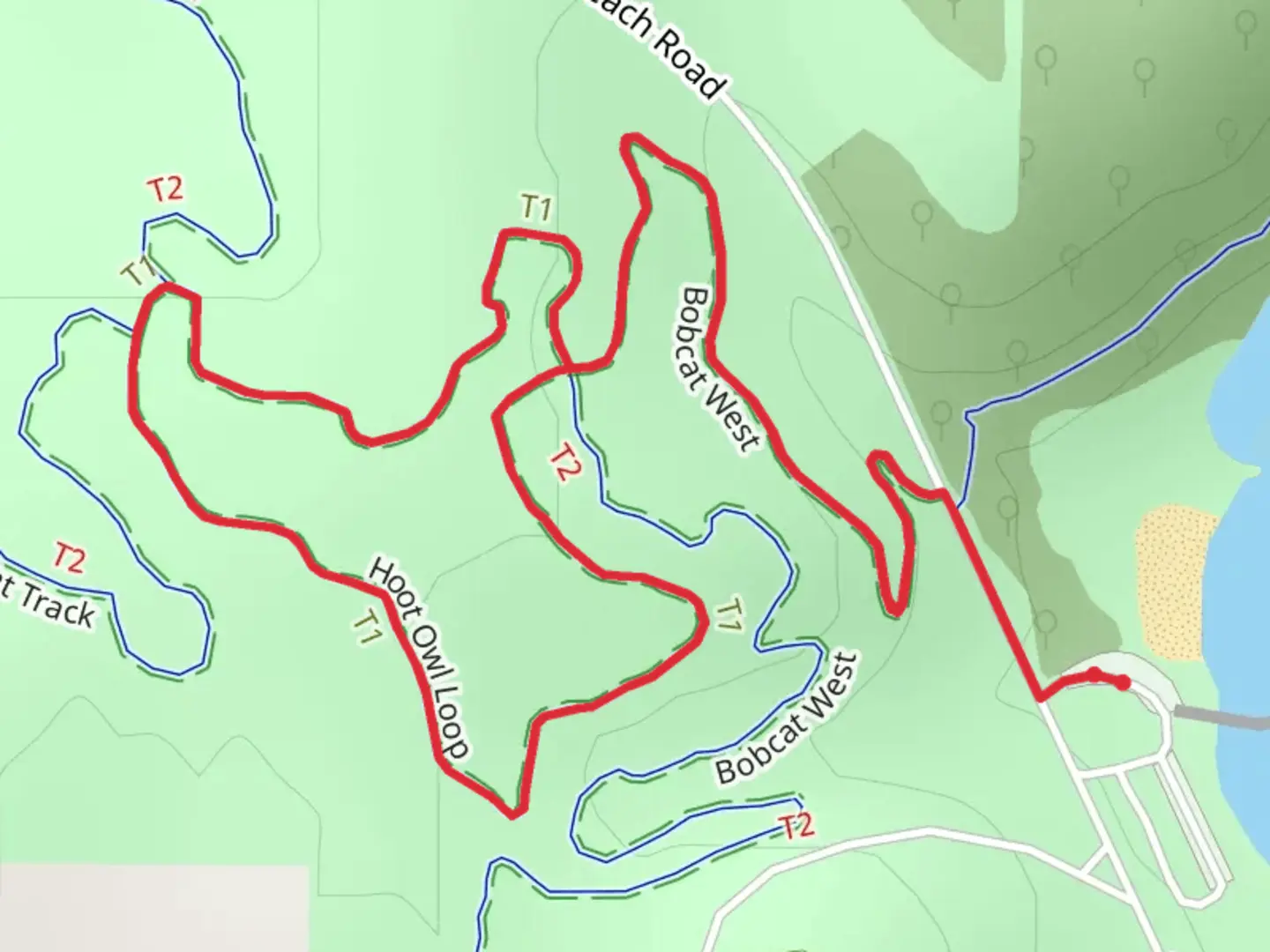 An image depicting the trail Hoot Owl Loop via Bobcat Trail and its surrounding area.