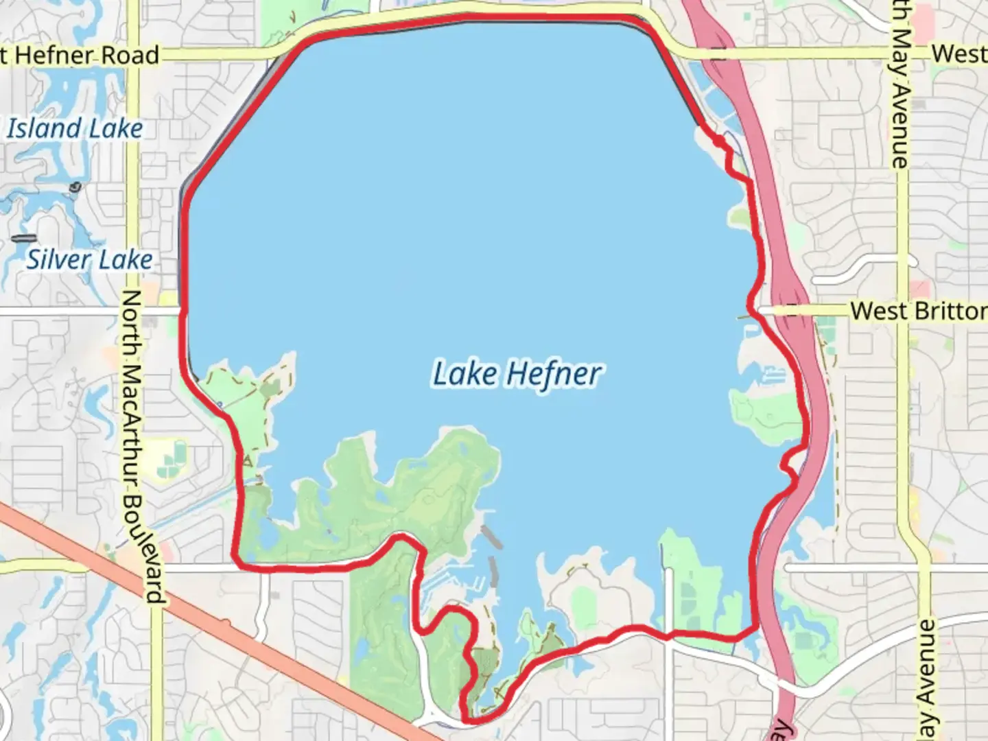 An image depicting the trail Lake Hefner Loop and its surrounding area.