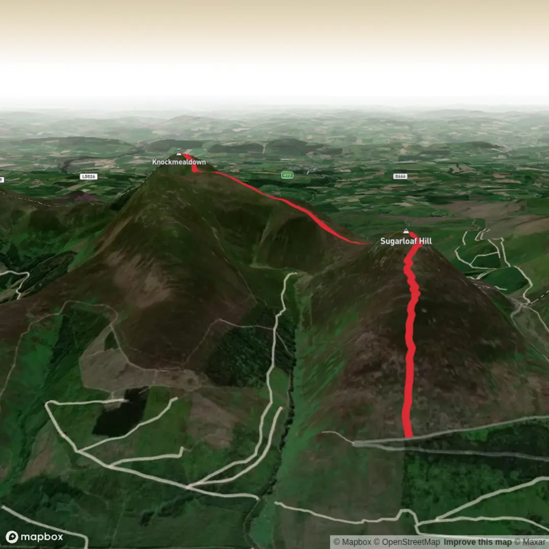 An image depicting the trail Knockmealdown from Vee Gap and its surrounding area.