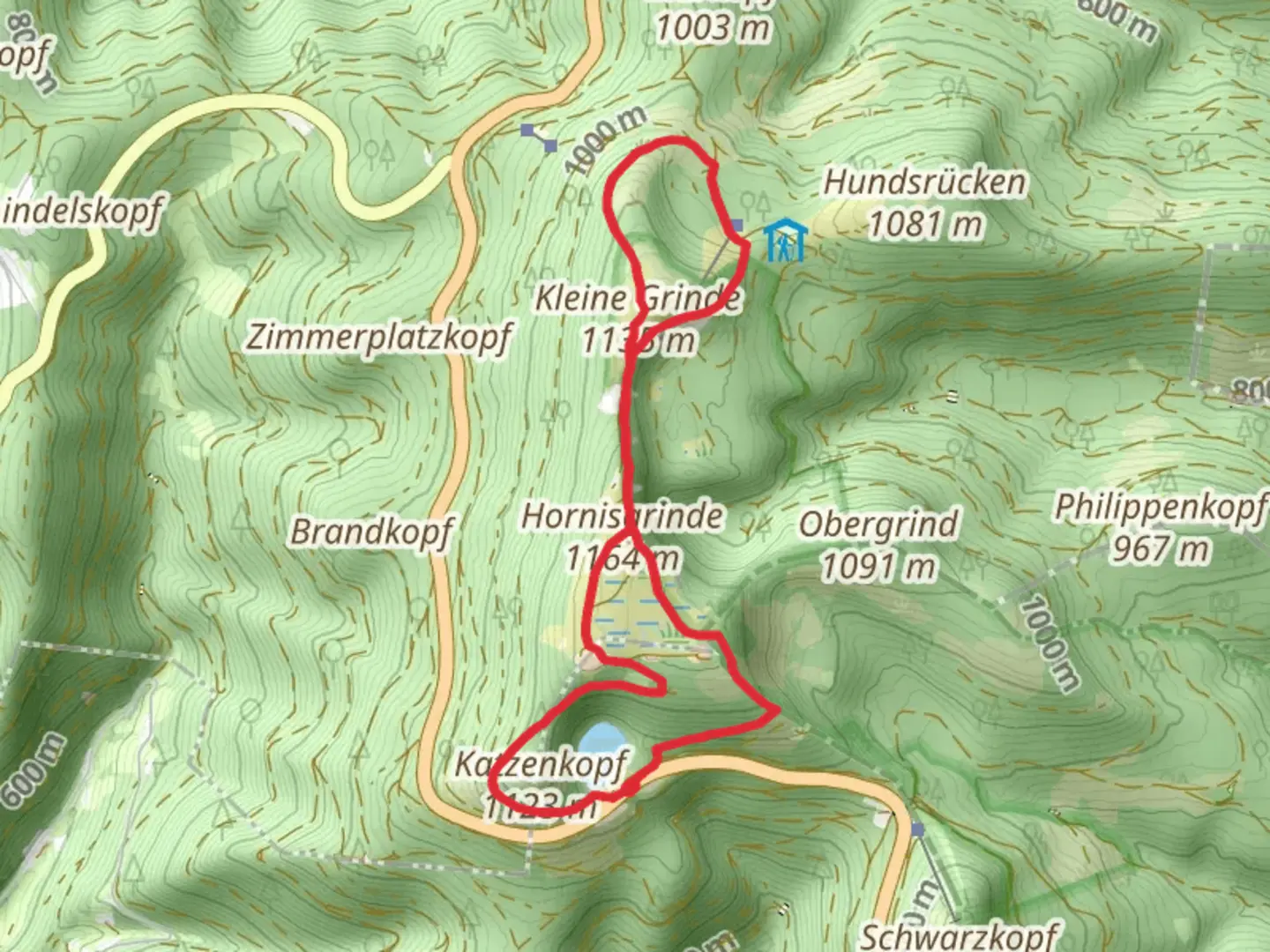 An image depicting the trail Mummelsee and Kleine Grinde Loop and its surrounding area.