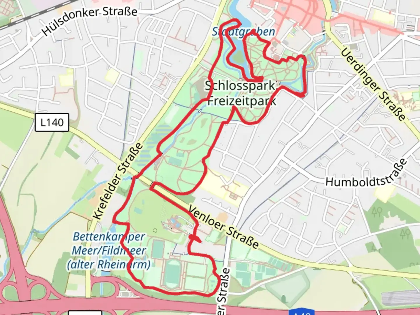 An image depicting the trail Stadgraben and Moersbach via Niederrheinweg and its surrounding area.