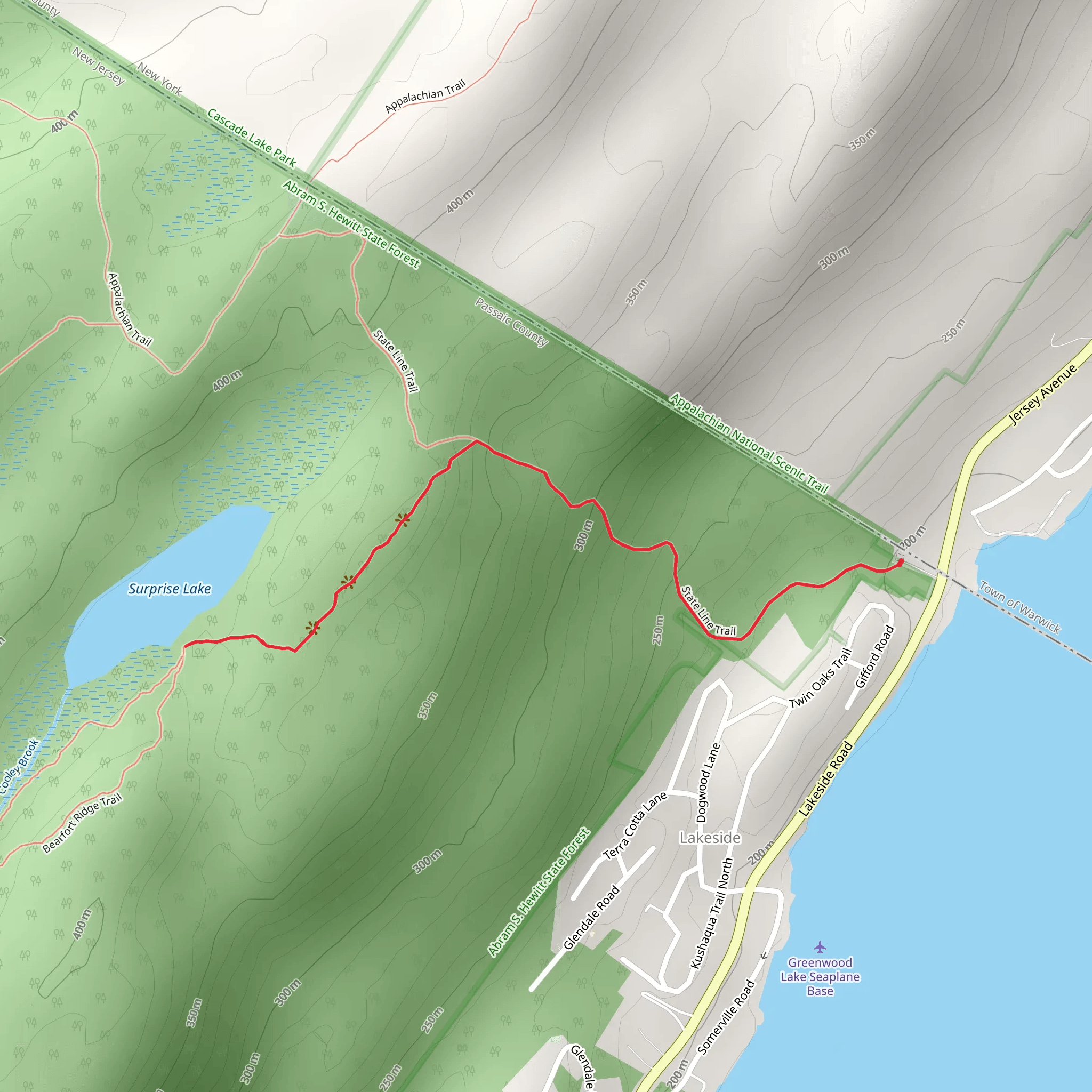 Surprise Lake via State Line and Ernest Walter Trail mobile static map