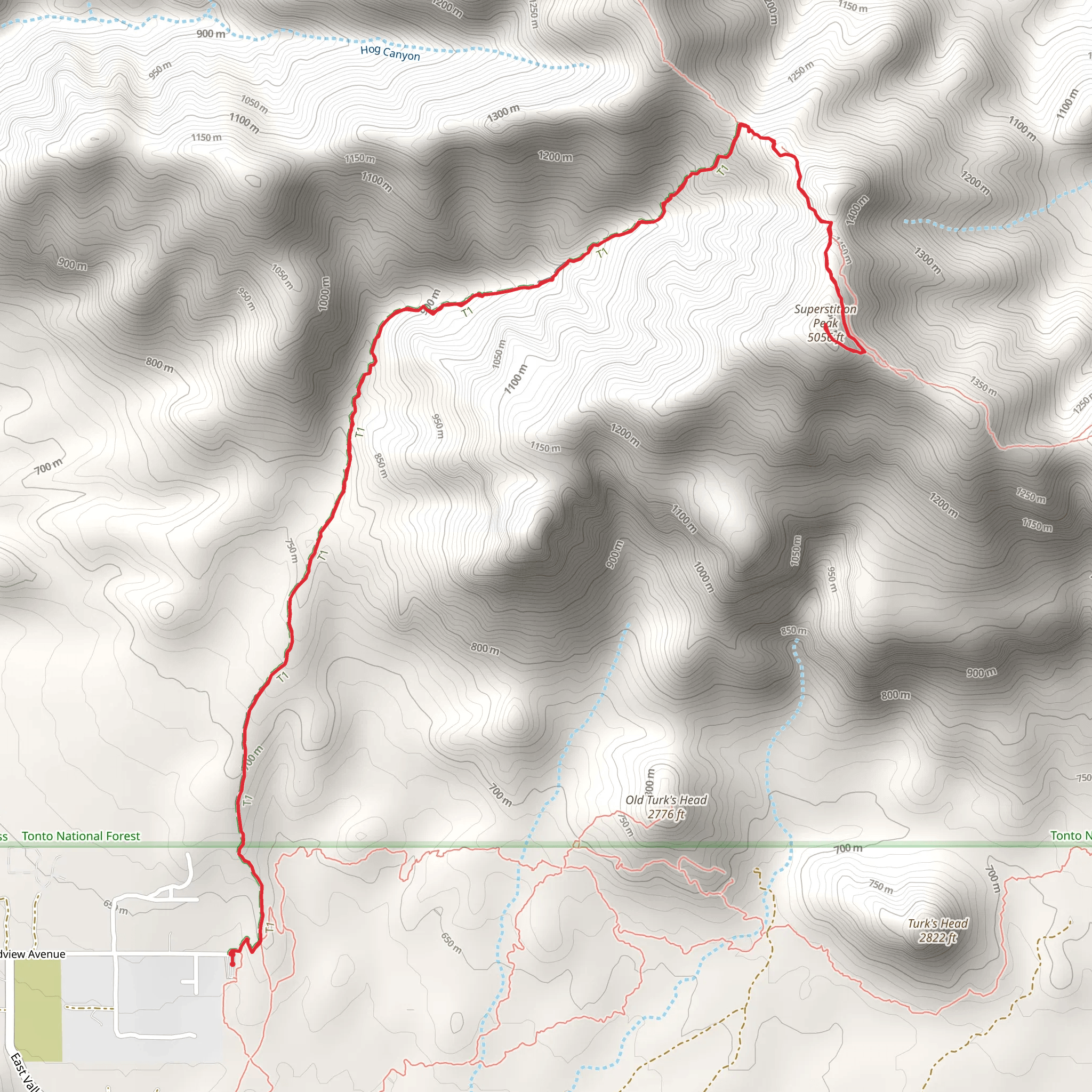 Superstiton Peak via Hieroglyphics Trail mobile static map