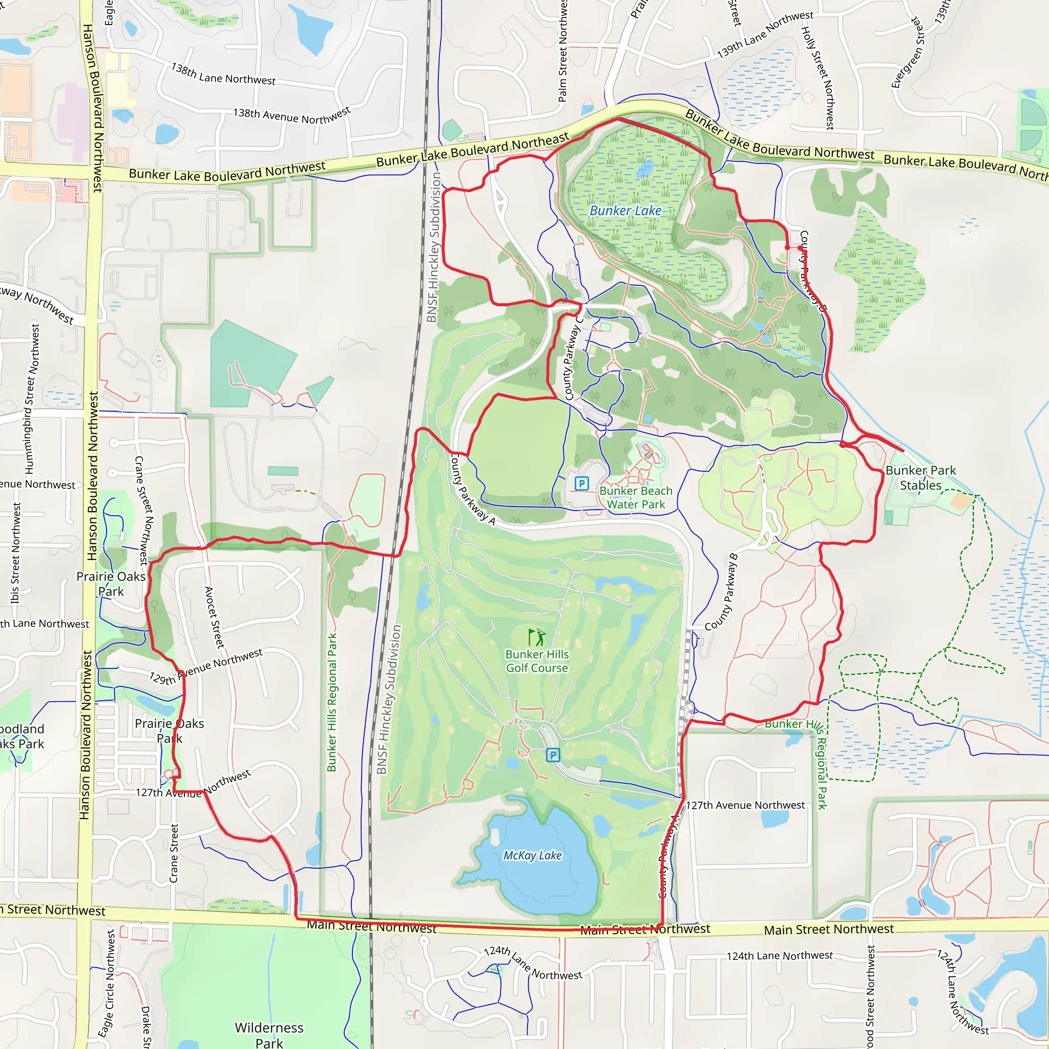 McKay Lake and Bunker Lake Loop via Prairie Oaks Trail mobile static map
