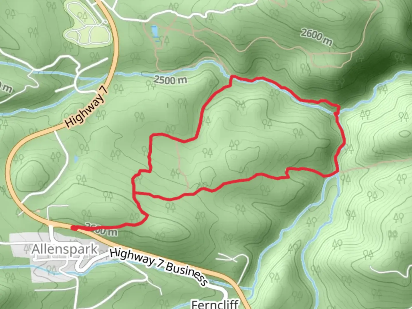 An image depicting the trail Fox Creek and Buck Creek Loop and its surrounding area.