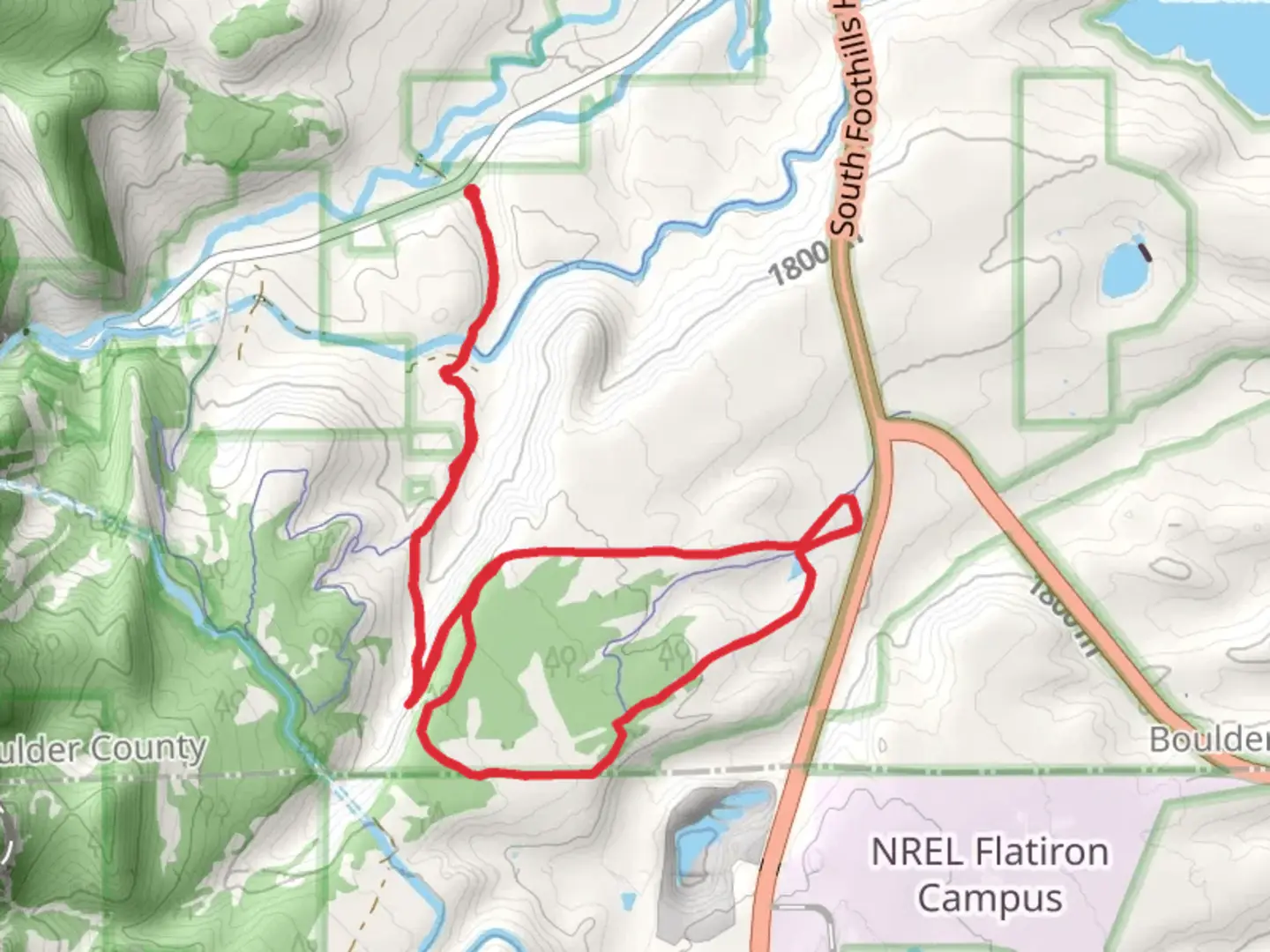 An image depicting the trail Doudy Draw, Flatirons Vista North and South Loop Trail and its surrounding area.