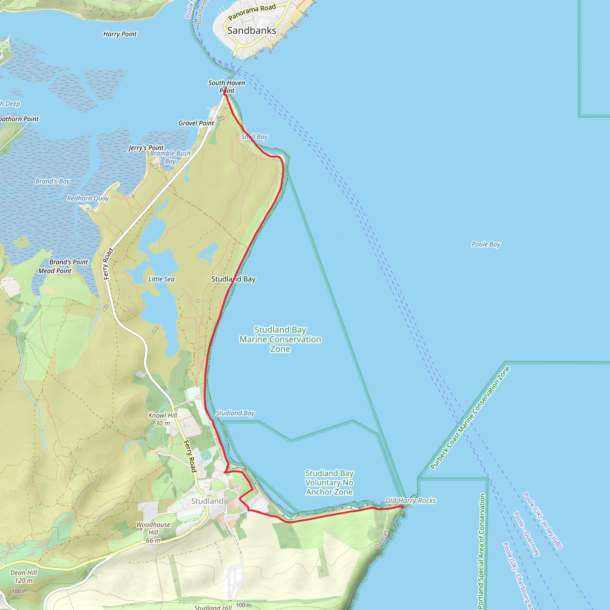 Old Harry Rocks to Shell Beach Walk mobile static map
