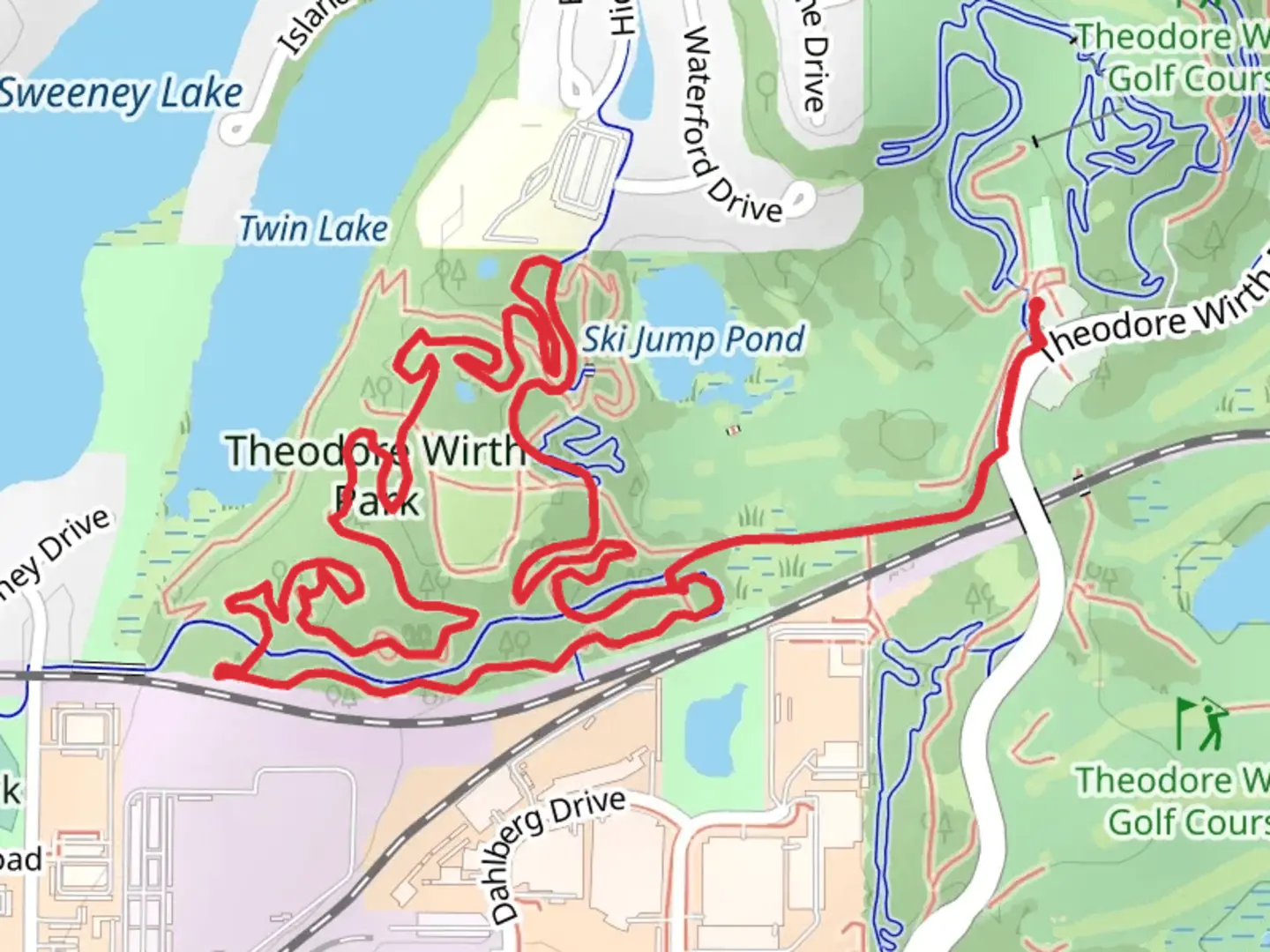 An image depicting the trail Theodore Wirth Park Loop and its surrounding area.