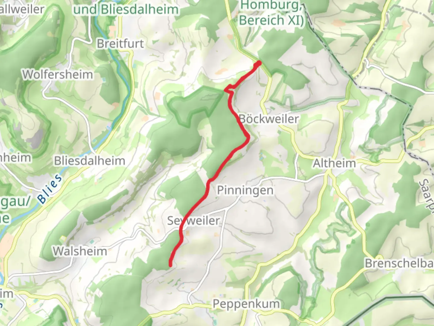 An image depicting the trail Obig der Hunau Walk via Bockweiler and its surrounding area.