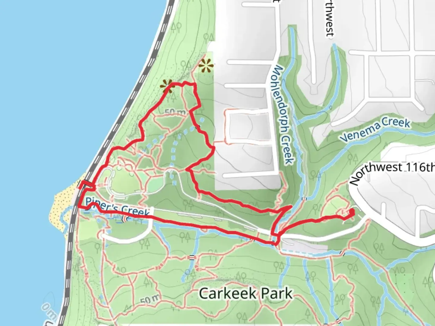 An image depicting the trail Pipers Creek Trail and North Bluff Trail and its surrounding area.