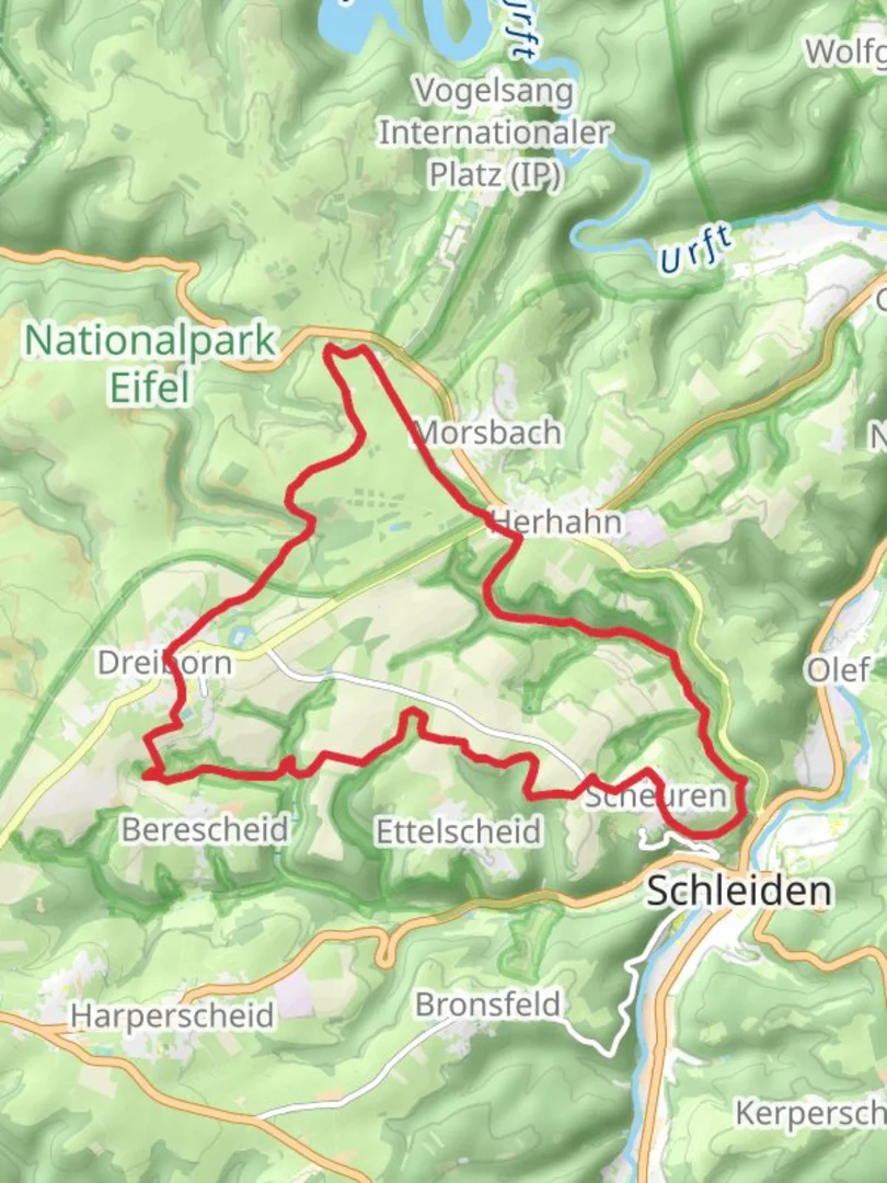 An image depicting the trail Herhahn and Dreiborn Loop via NSG Hoeddelbachtal and its surrounding area.