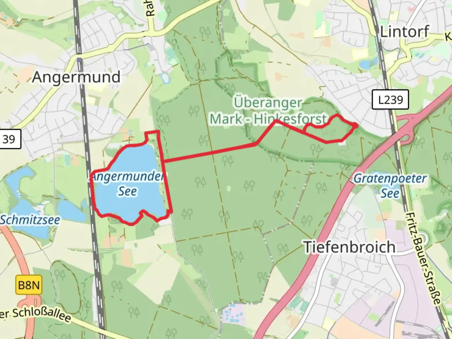 An image depicting the trail Angermunder See Loop and its surrounding area.