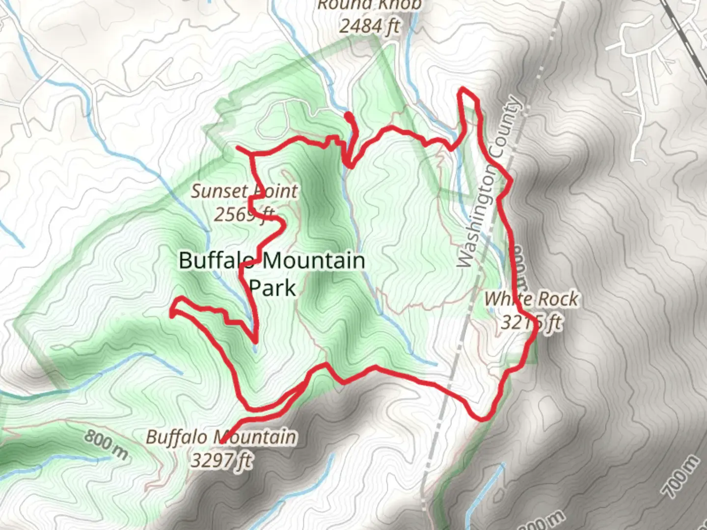 An image depicting the trail Huckleberry Knob, Buffalo Mountain and White Rock Loop and its surrounding area.