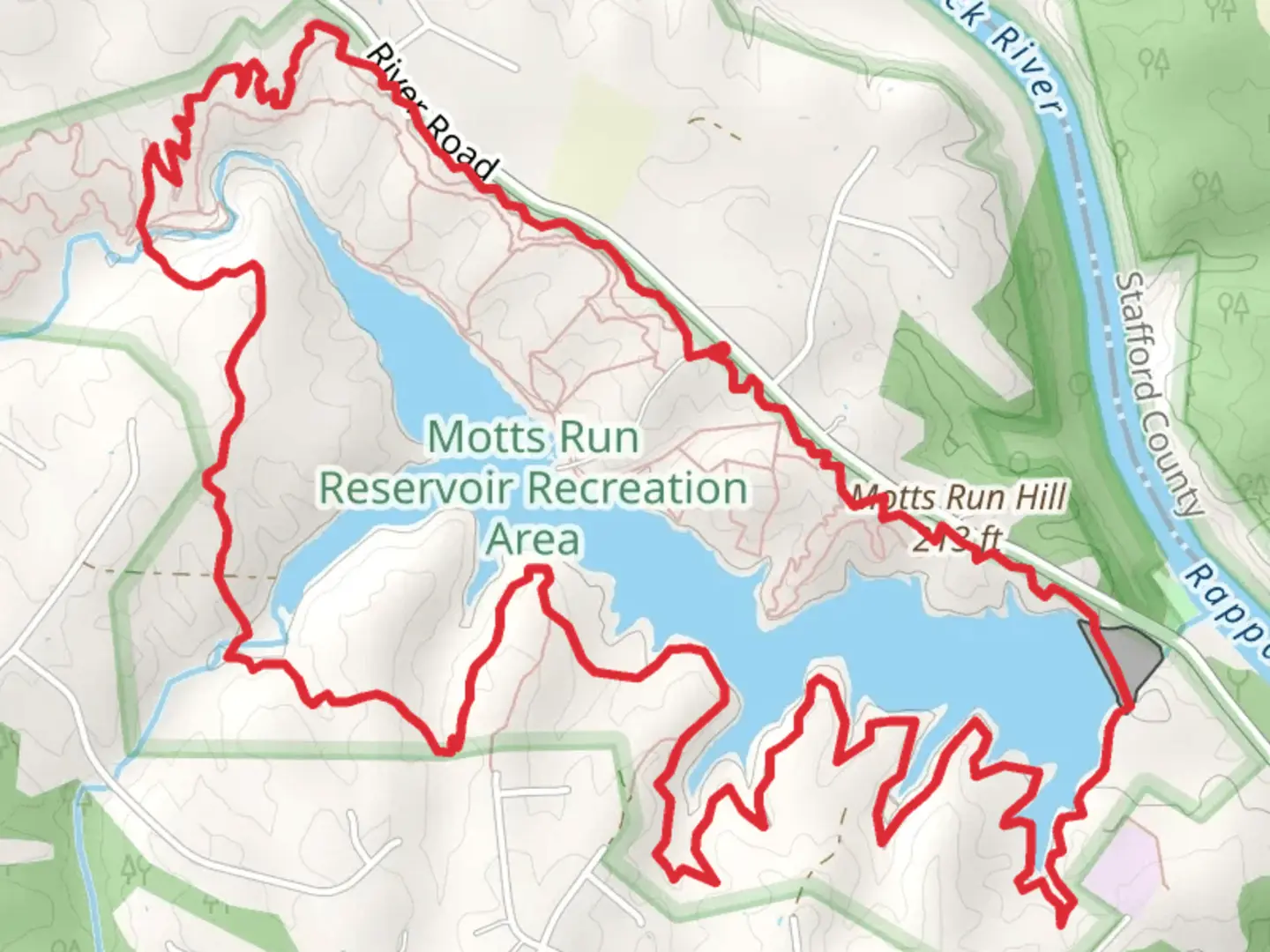 An image depicting the trail Motts Run Hill and Reservoir Loop and its surrounding area.