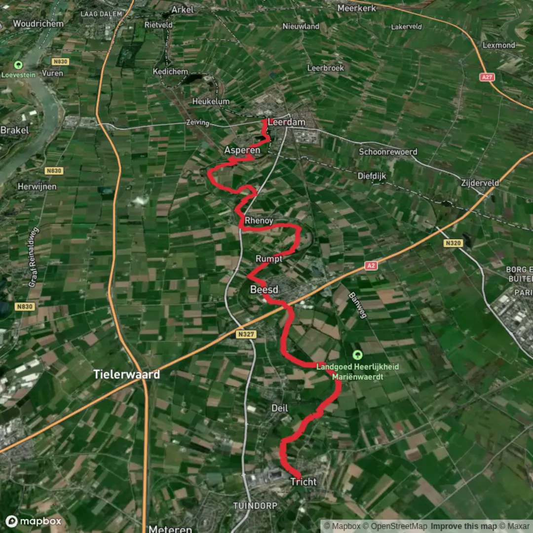 An image depicting the trail Tricht to Leerdam via Grote Wiel and Galgen Wiel and its surrounding area.