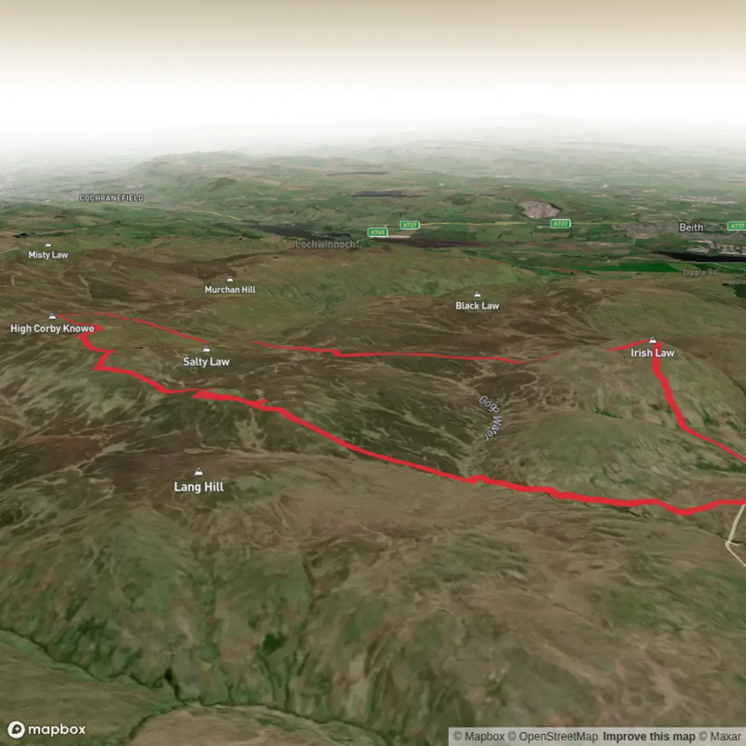An image depicting the trail Box Law, High Corby Knowe and Irish Law and its surrounding area.