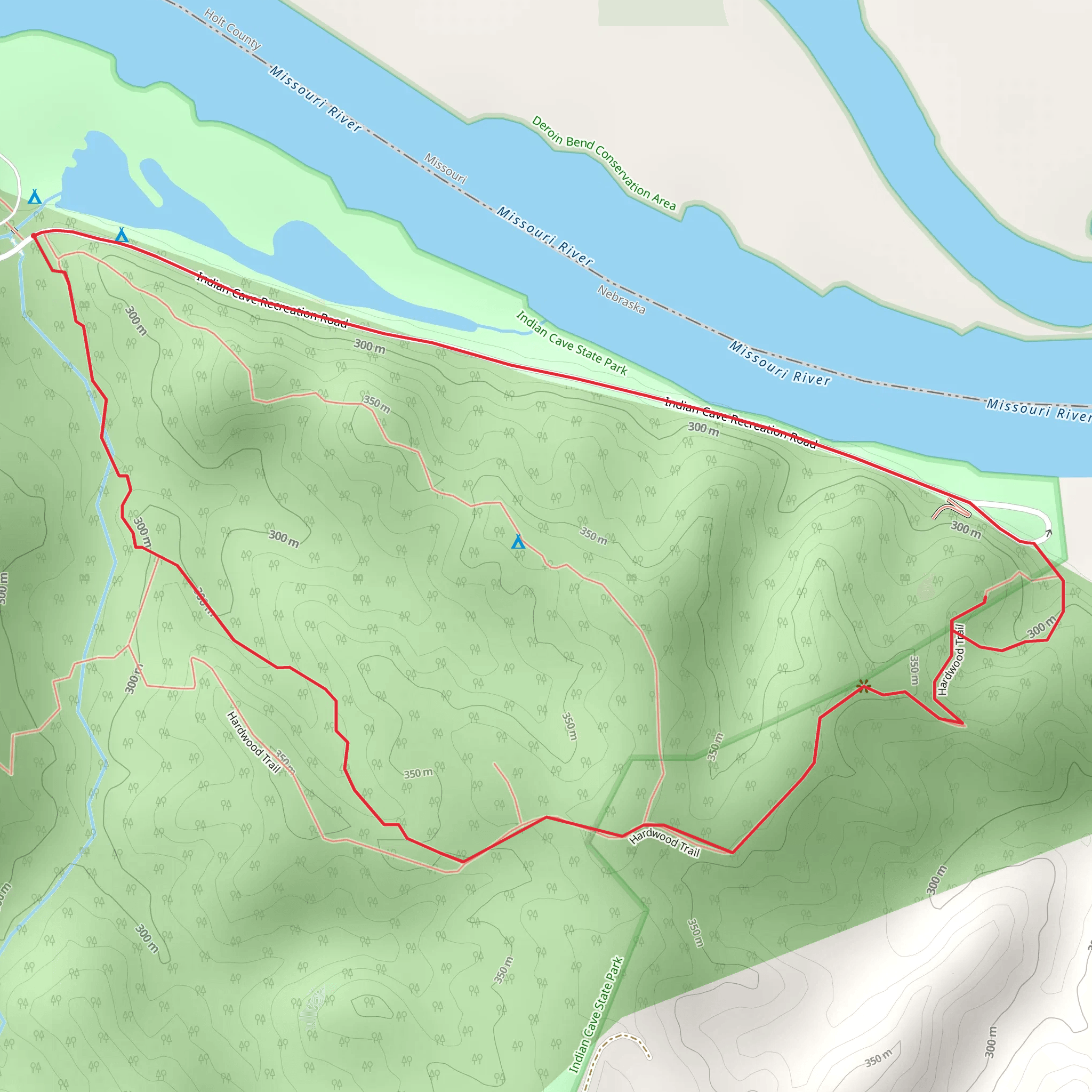 Hardwood Trail and Indian Cave Recreation Road Loop mobile static map