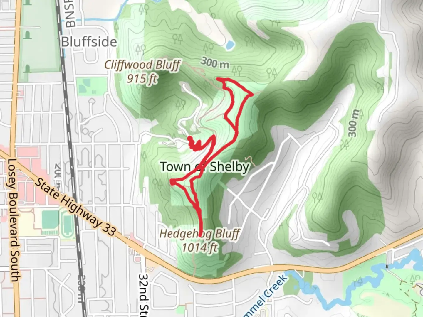 An image depicting the trail Butterfly, Miller Bluff and Hedge Hog Loop Trail and its surrounding area.