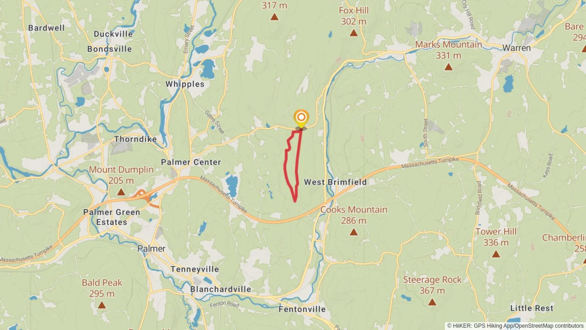 An image depicting the trail White Trail Loop from Old Warren Road and its surrounding area.