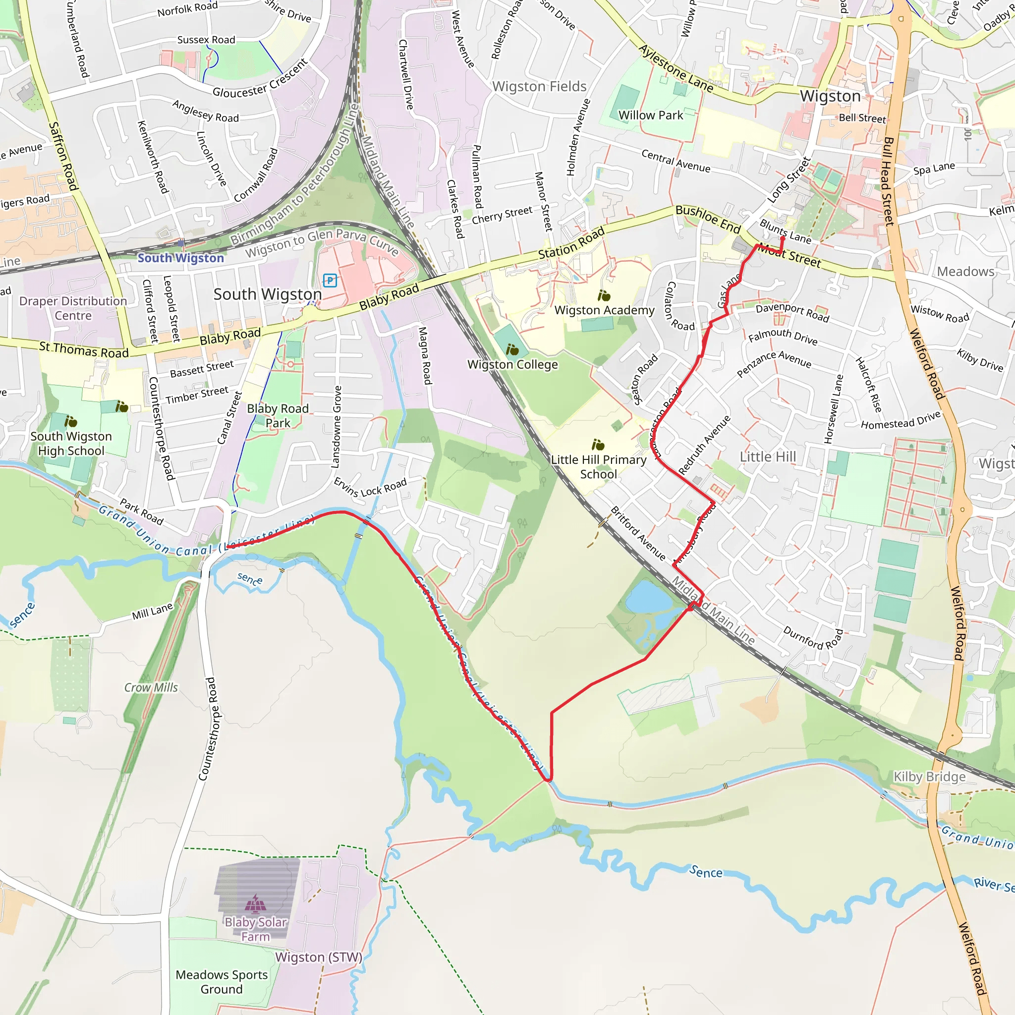 Grand Union Canal Towing Path from Wigston to Cow Mill Bridge mobile static map