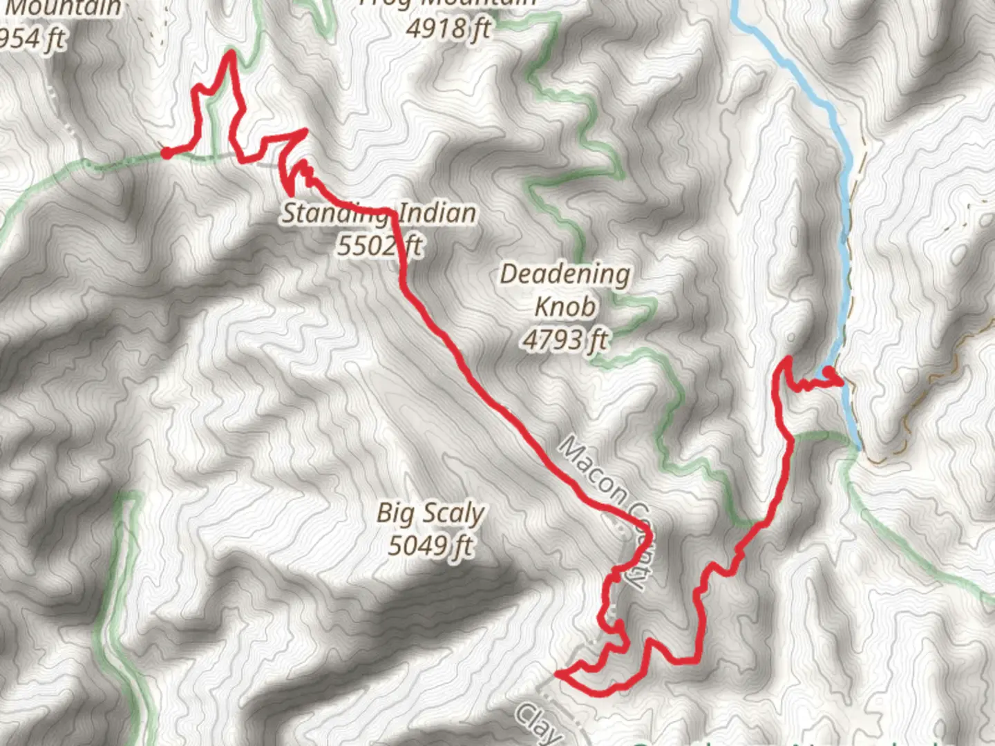 An image depicting the trail Standing Indian via Appalachian Trail and Indian Ridge Trail and its surrounding area.