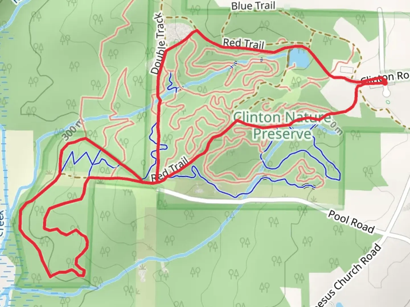 An image depicting the trail Blue, Yellow, Red and Old Pool Red Trail and its surrounding area.