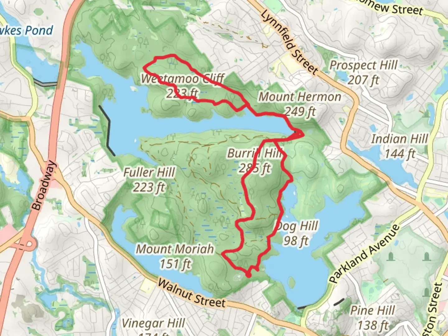 An image depicting the trail Weetamoo Cliff and Burrill Hill Loop and its surrounding area.