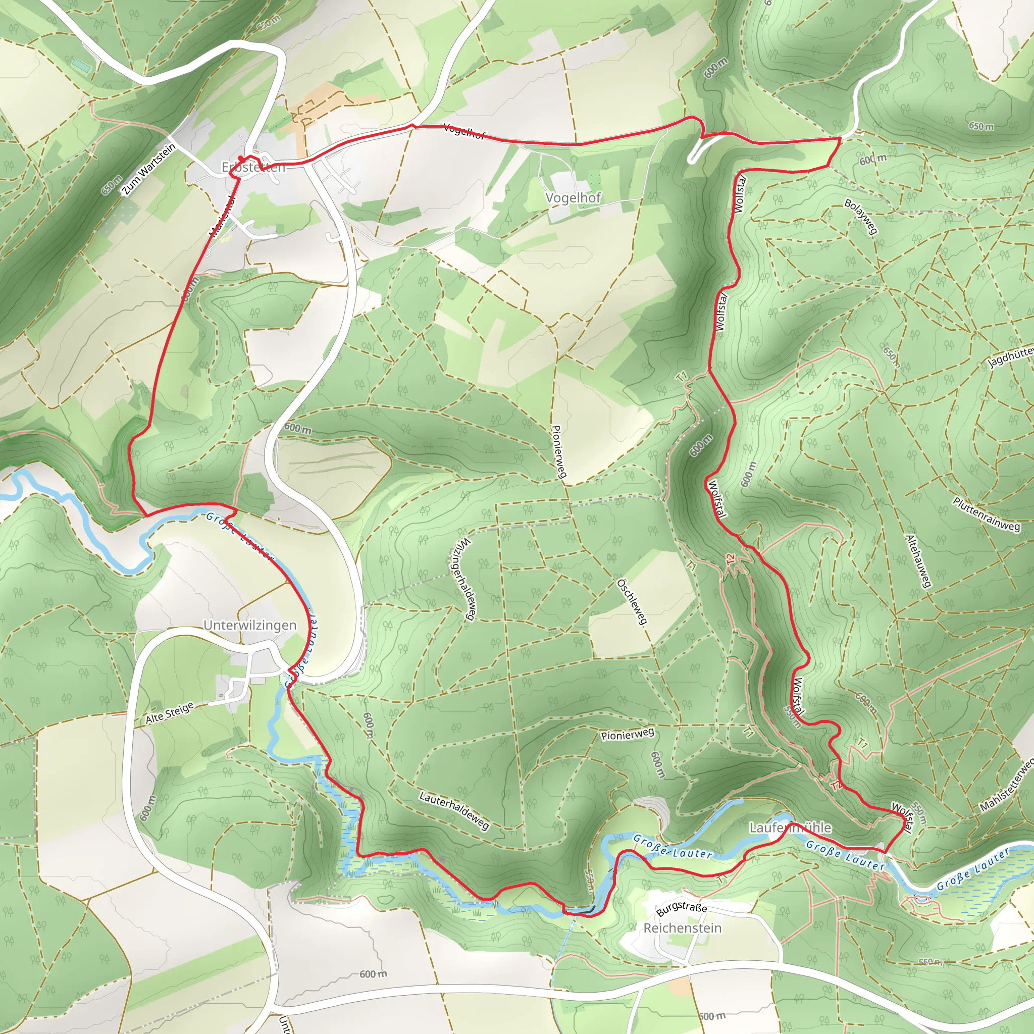 Grosse Lauter via Burgfelsenpfad and Schwaebische Alb Oberschwaben Weg mobile static map