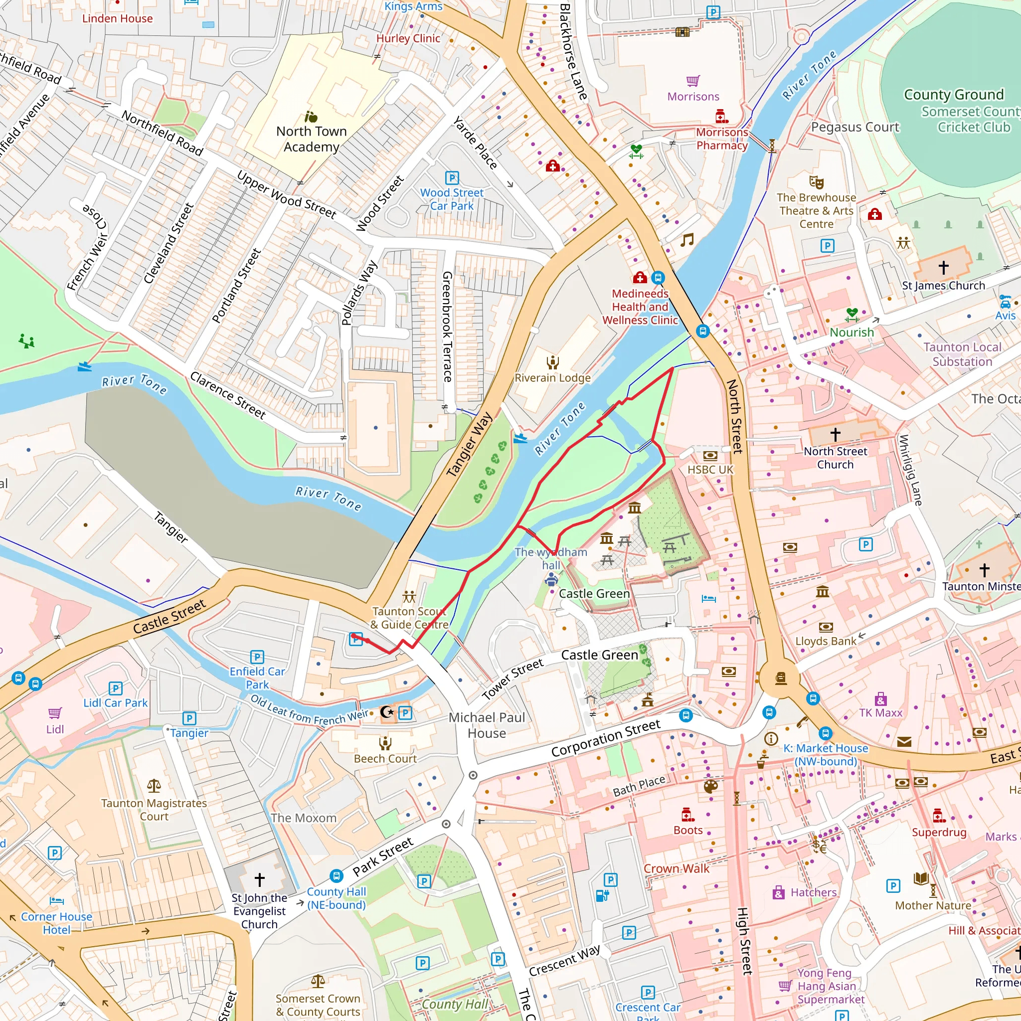 Goodlands Gardens and Old Leat from French Weir Loop mobile static map