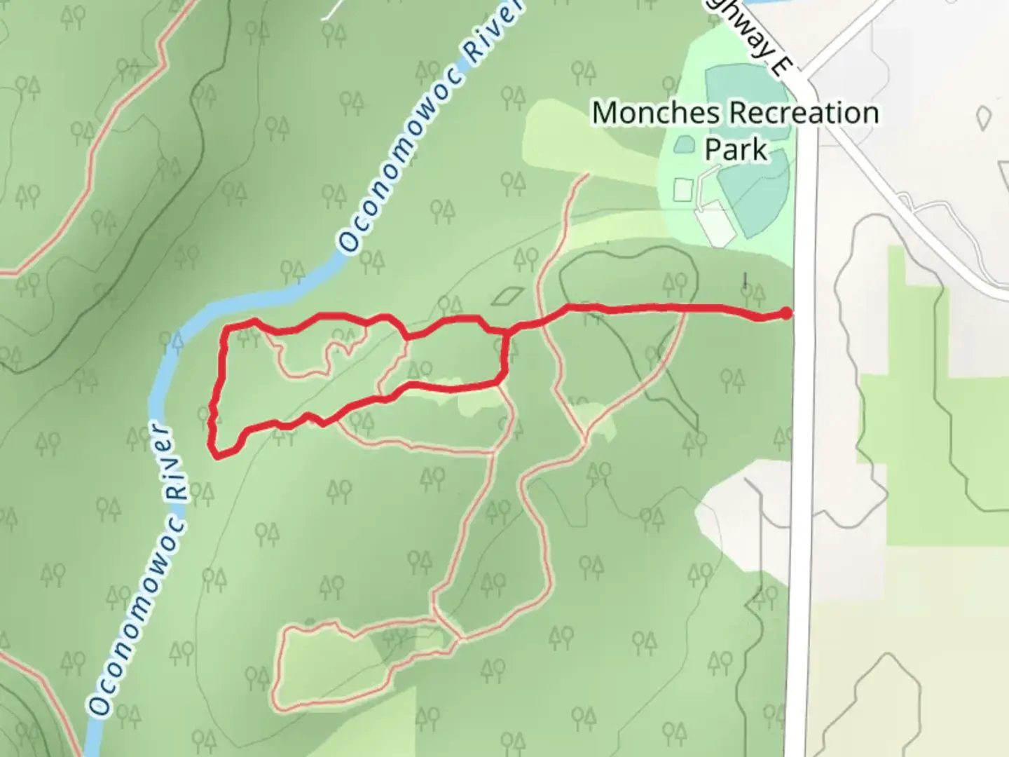 An image depicting the trail Loop along Oconomowoc River and its surrounding area.