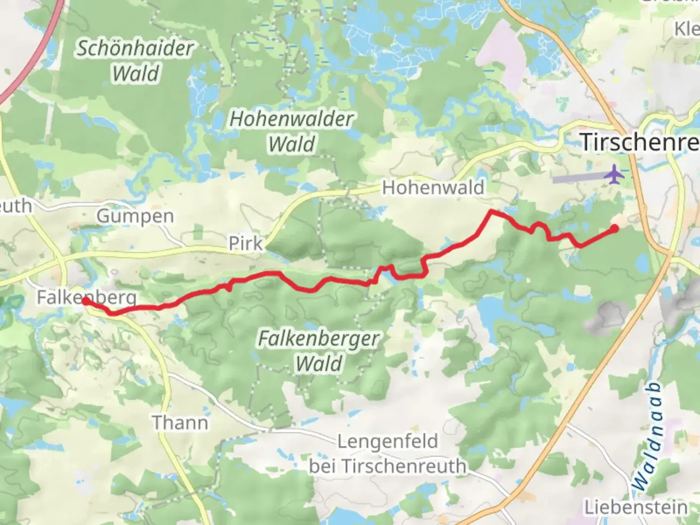 An image depicting the trail Falkenberg to Furt via Zeitlerweiher and its surrounding area.