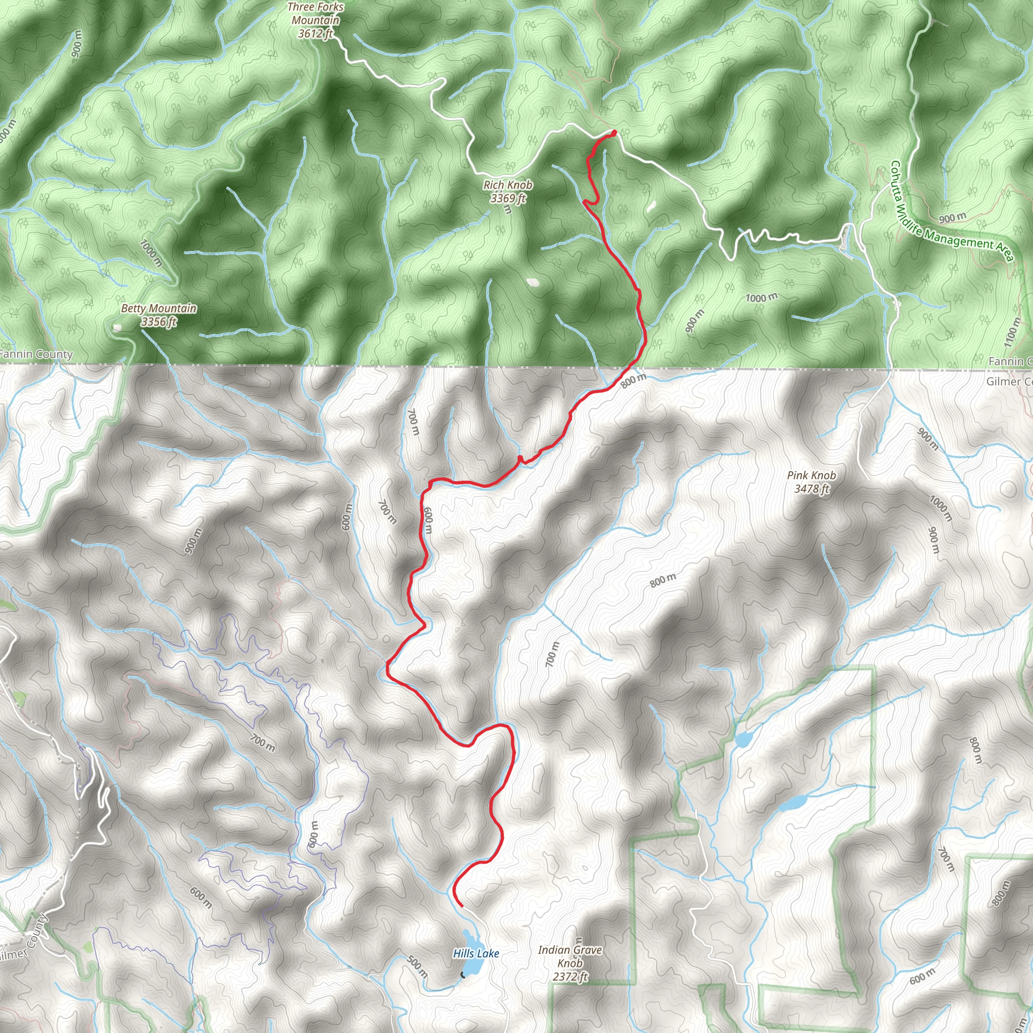 Hills Lake via Mountaintown Creek mobile static map