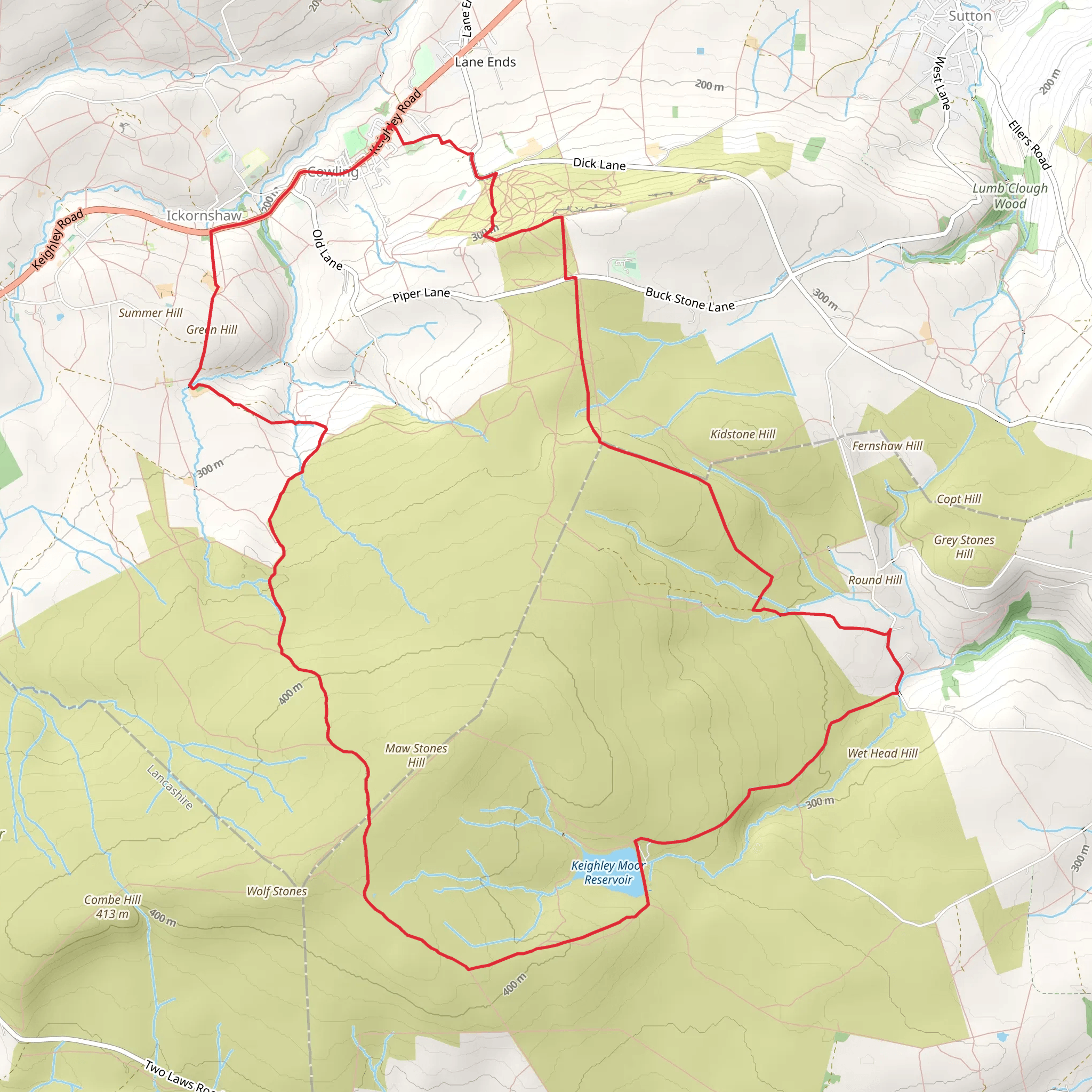 Keighley Moor Reservoir and Hitching Stone from Cowling mobile static map