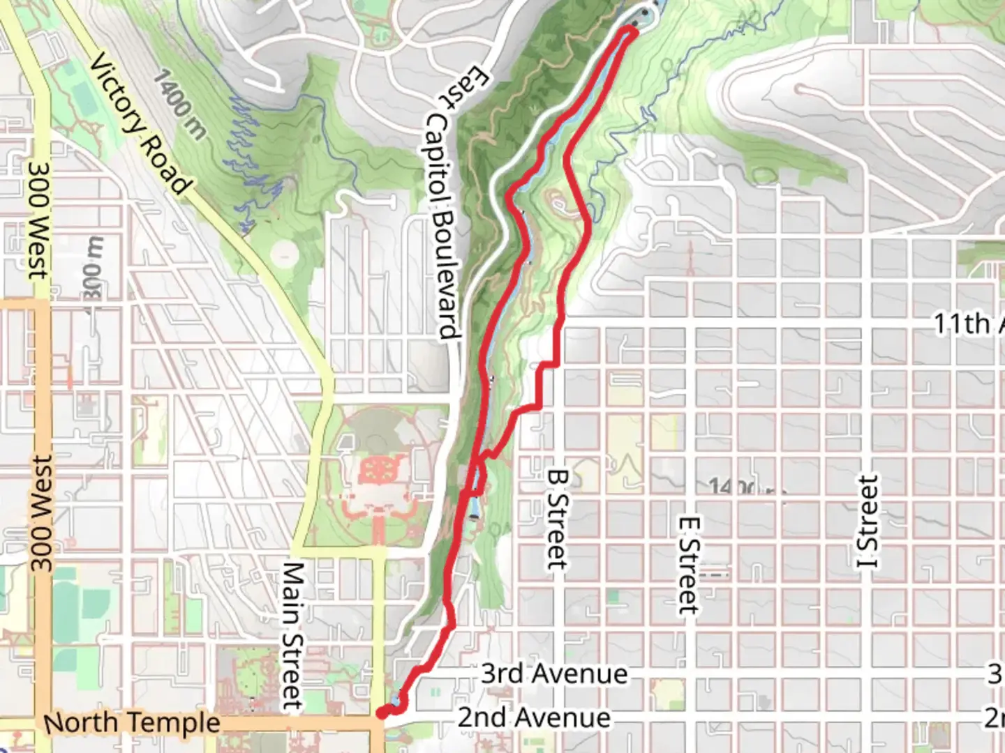 An image depicting the trail Memory Grove Park Entrance and Lower City Creek Loop and its surrounding area.