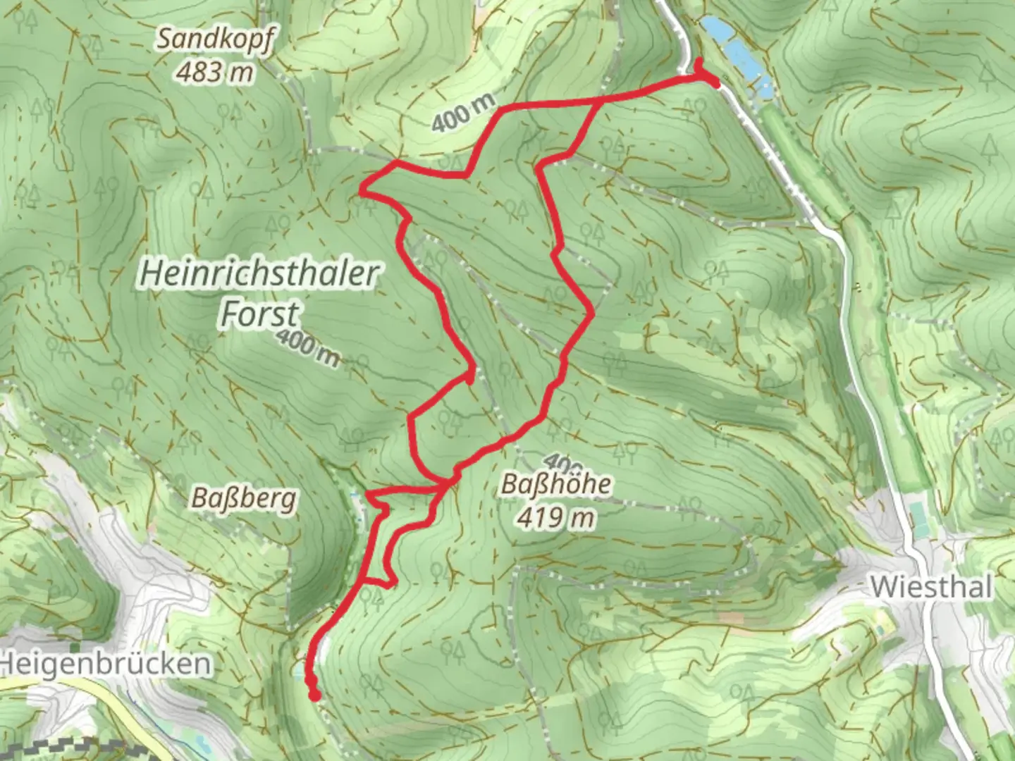 An image depicting the trail Baßberg, Mittlerer Aubachsee and Heinrichsthaler Forst Loop and its surrounding area.