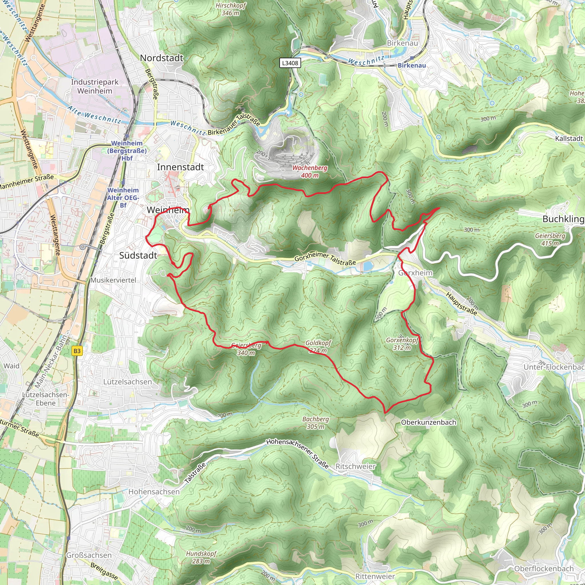 Geiersberg, Goldkopf and Ruine Windeck Loop via Odenwald Vogensen Weg Teil 1 mobile static map