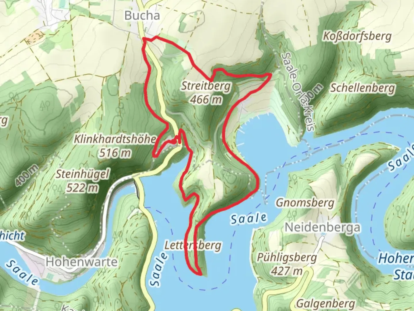 An image depicting the trail Lettersberg and Saalthal Loop from Bucha and its surrounding area.