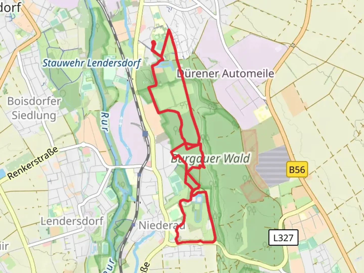An image depicting the trail Burgauer Weiher and Binsfelder Bruch and its surrounding area.