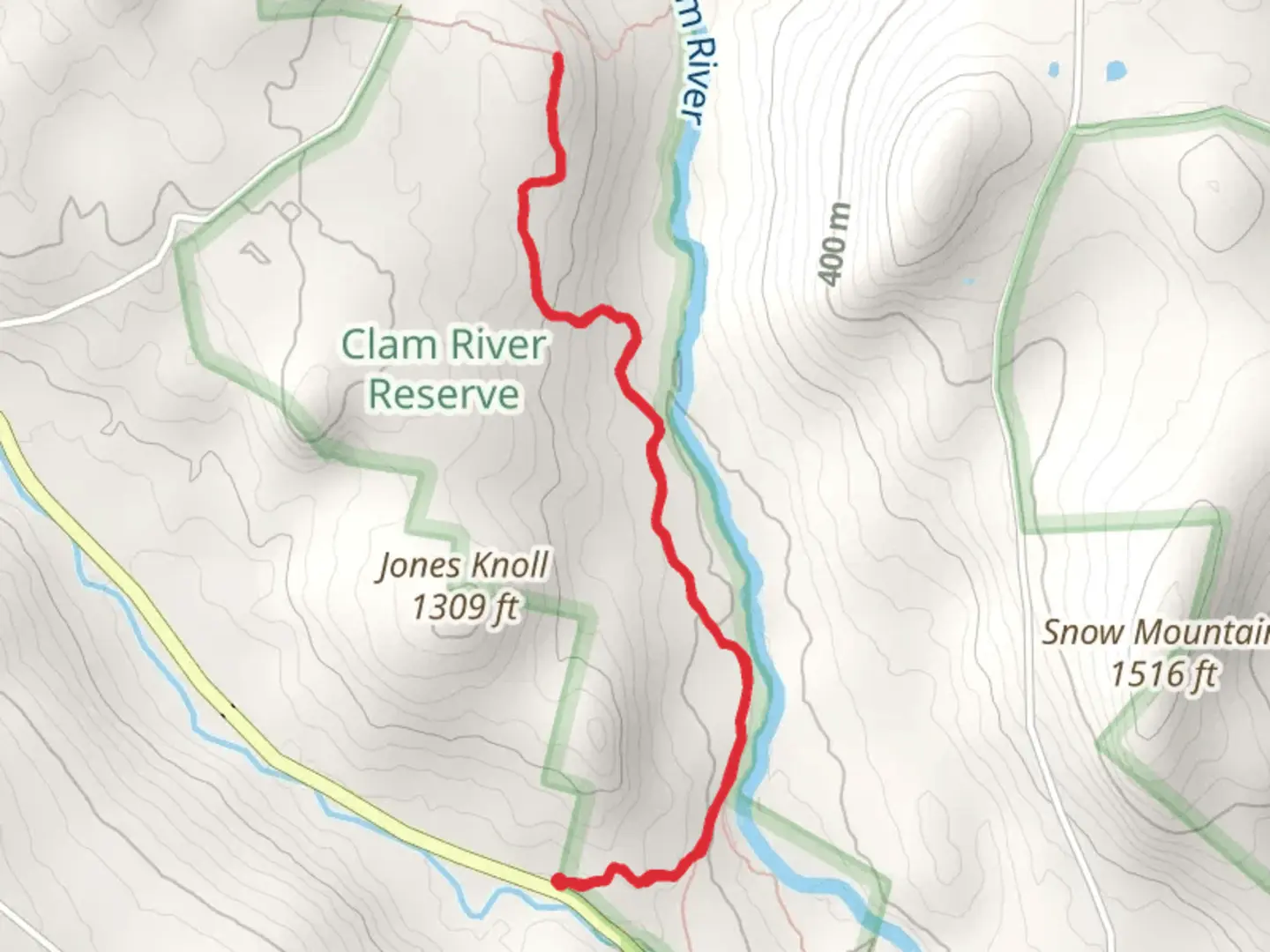 An image depicting the trail Clam River Reserve from Sandisfield and its surrounding area.