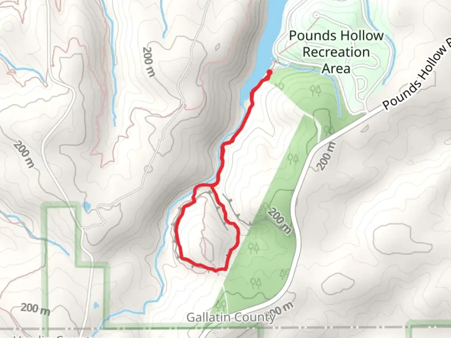 An image depicting the trail Rim Rock Loop Trail from Pounds Hollow Lake and its surrounding area.