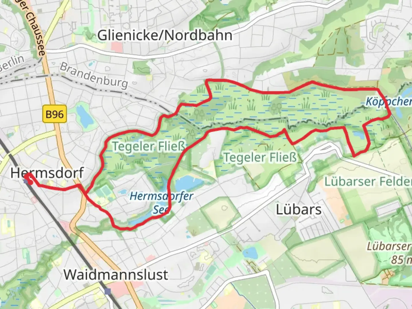 An image depicting the trail Hermsdorfer See and Ziegeleisee via Rundweg Luebars and Gruener Balken Tegeler Fliesstalweg and its surrounding area.