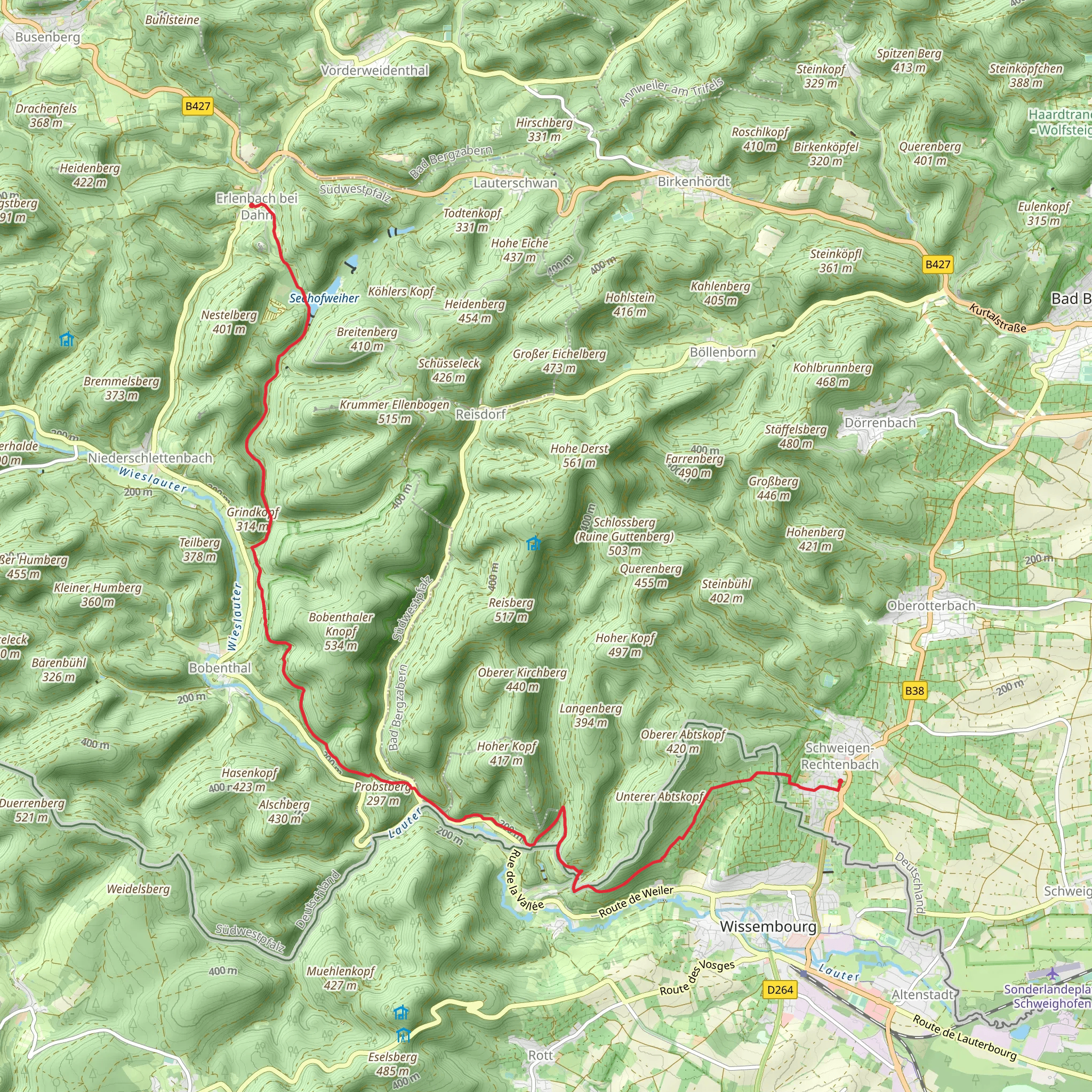 Erlenbach bei Dahn to Schweigen Rechtenbach Walk via Seehofweiher mobile static map
