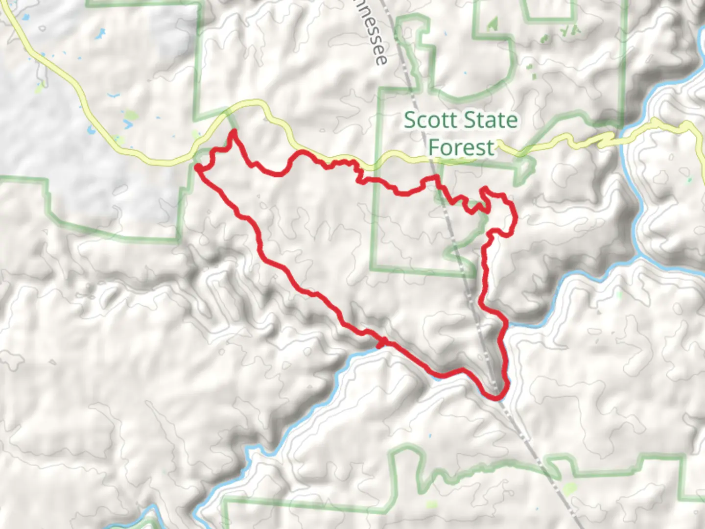 An image depicting the trail Gernt Road Cumberland Valley, Oneida and Western Railroad and North White Oak Loop Trail and its surrounding area.